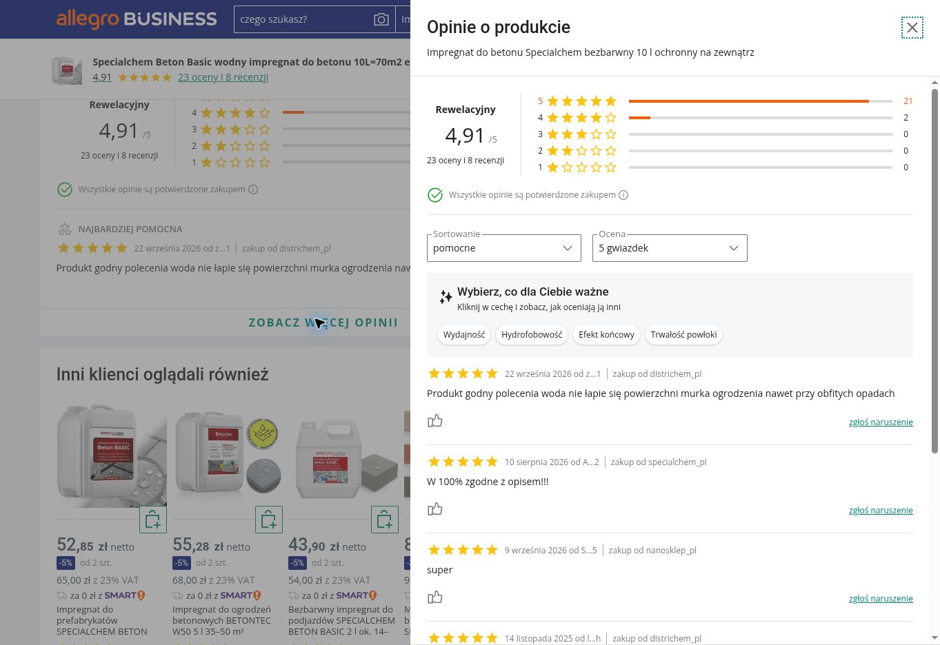SPECIALCHEM Beton Basic impregnat do betonu – przykładowe opinie o produkcie