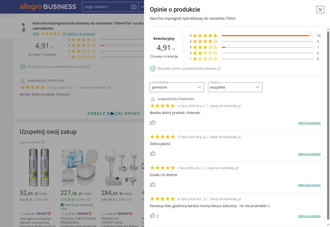 NANOTEX impregnat hydrofobowy do namiotów – przykładowe opinie o produkcie