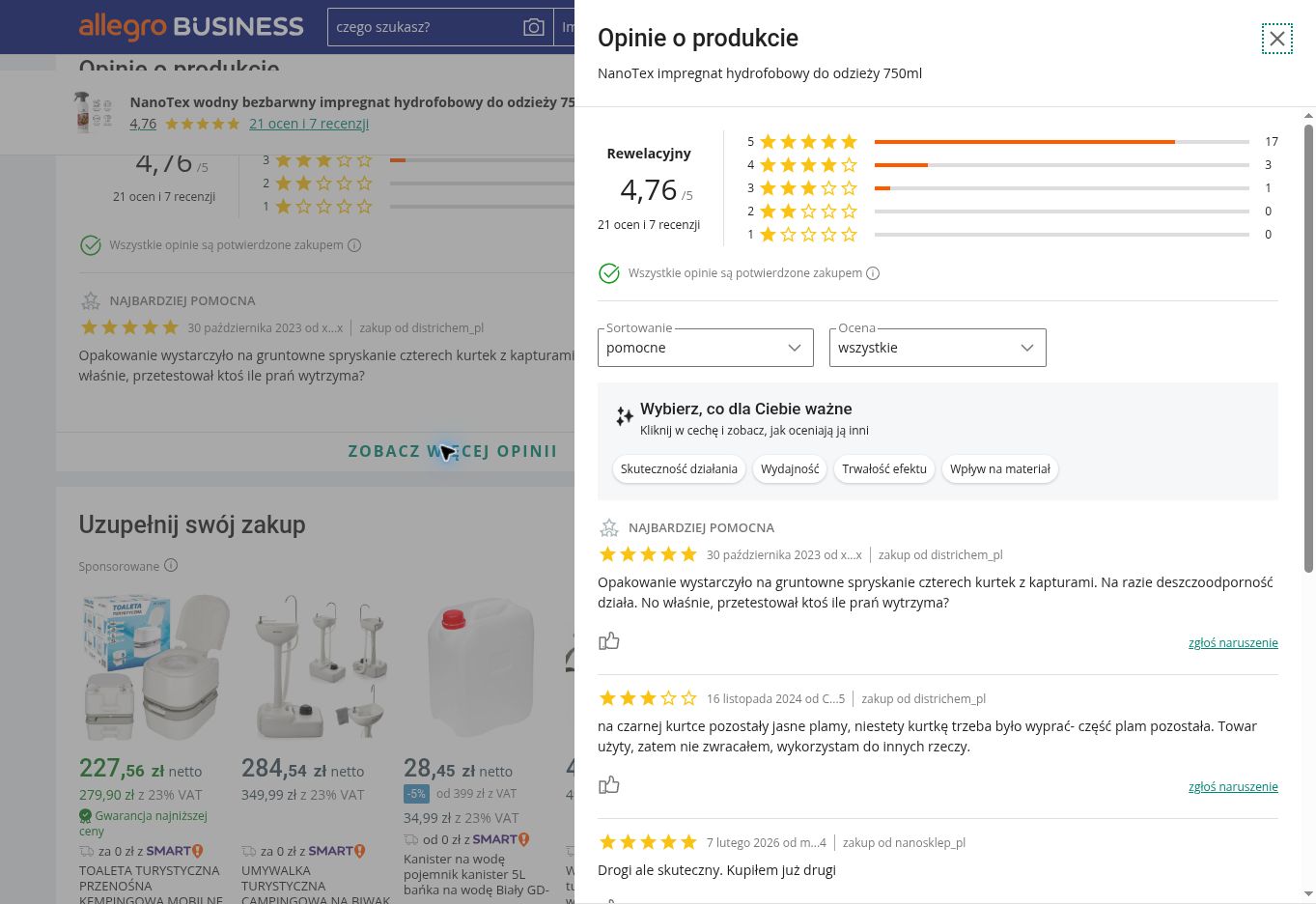 Zrzut opinii z Allegro o impregnacie NANOTEX do odzieży 750 ml